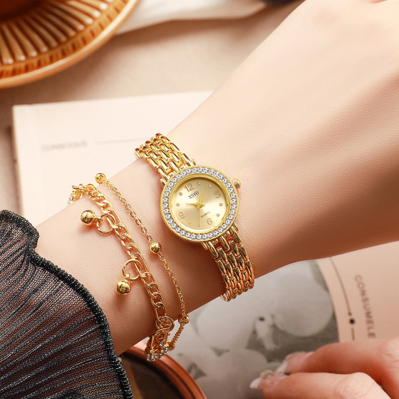 利基簡單的圓形鑽石錶盤鋼帶手錶 +雙層設計手鐲手錶